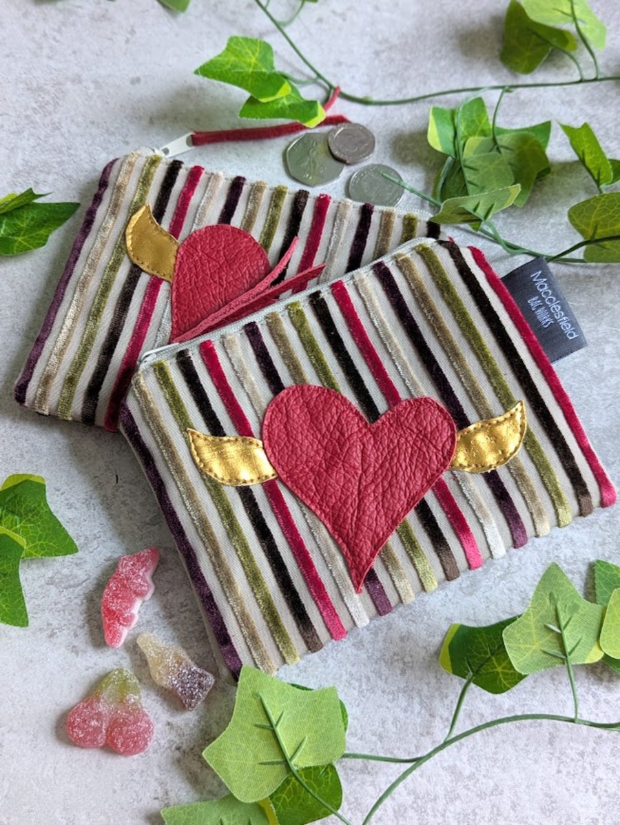Striped Chenille Purse with Red and Gold Heart Motif 