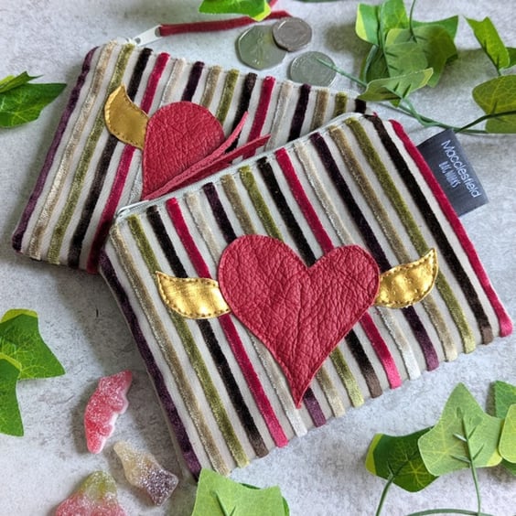Striped Chenille Purse with Red and Gold Heart Motif 