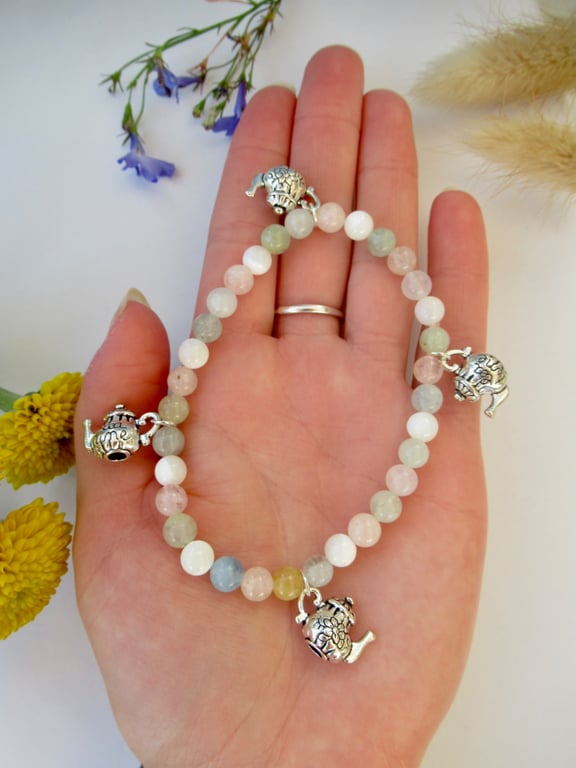 'Tea Time' whimsical teapot charm and pastel gemstone bead bracelet