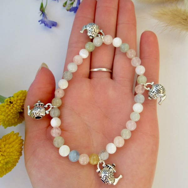 'Tea Time' whimsical teapot charm and pastel gemstone bead bracelet