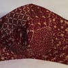 Face mask reusable triple layer 100% cotton dark red and beige pattern