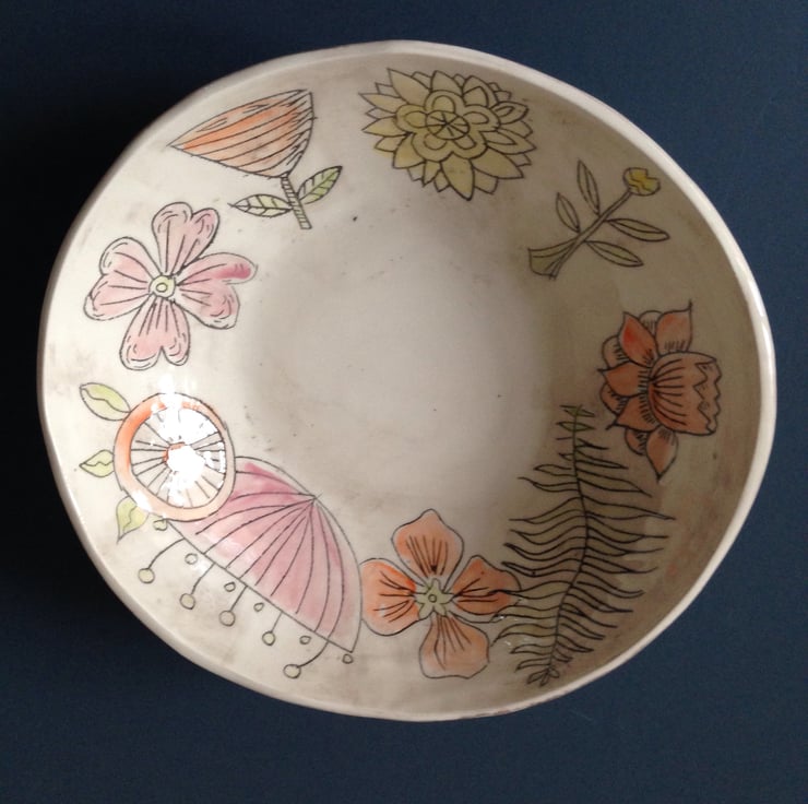 Ceramic floral bowl hand engraved - Folksy