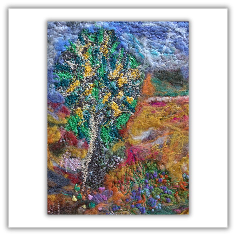 Framed landscape - textile landscape - tree - needlework - felted landscape