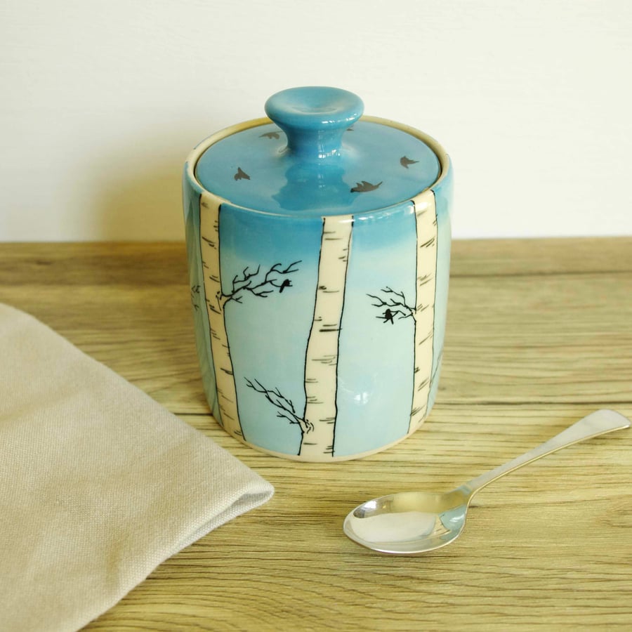 Ceramic Storage Jar with Lid - Birch Tree, Sky and Birds