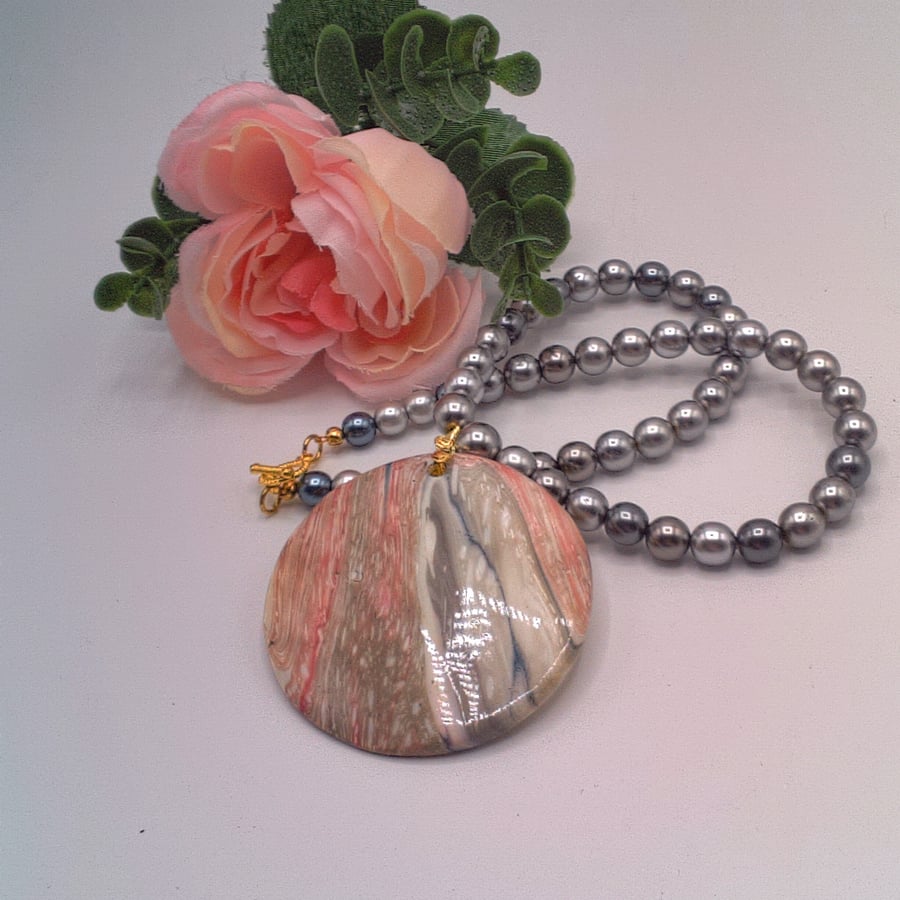 Pink and Grey Shell Pendant on a Charcoal Grey Pearl Necklace, Gift for Her