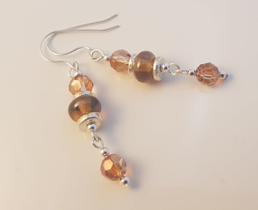 Topaz Glass Beads with faceted crystal and silver Drop Earrings.