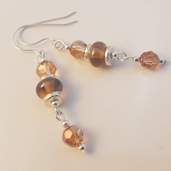 Topaz Glass Beads with faceted crystal and silver Drop Earrings.