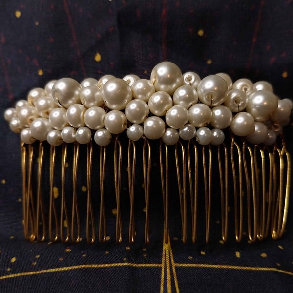 Ivory glass pearl hair comb 