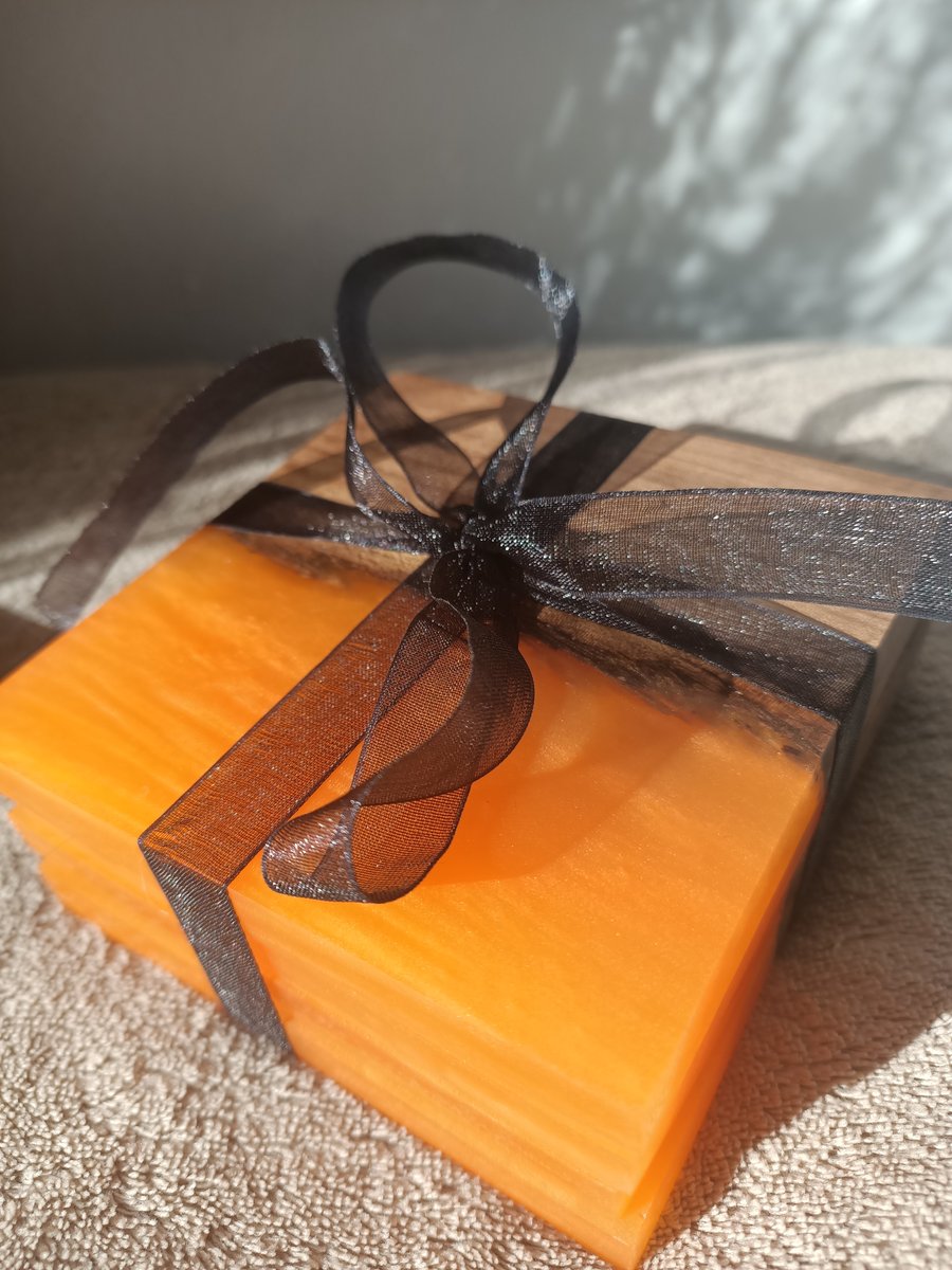 Wonky Walnut Coaster set of 4 orange resin and walnut wood