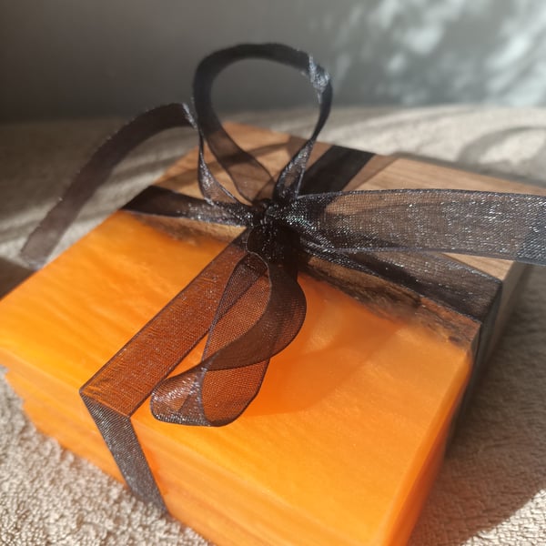 Wonky Walnut Coaster set of 4 orange resin and walnut wood