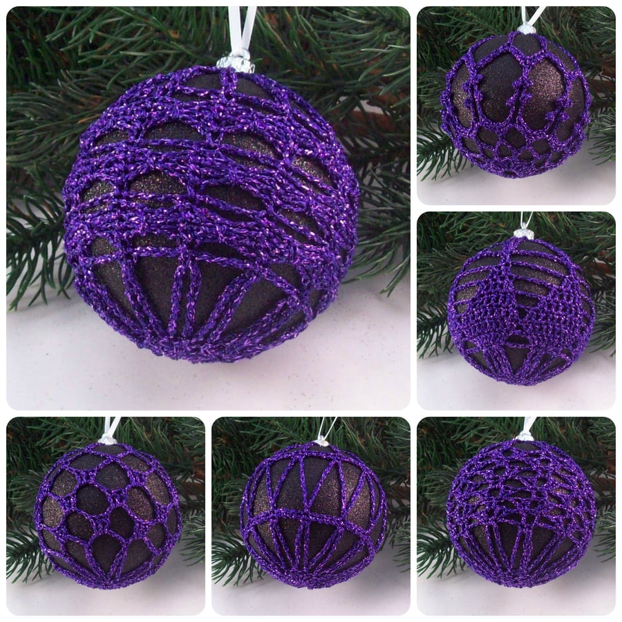 Christmas baubles boxed set of 6 large decorated with crochet lace (A20)
