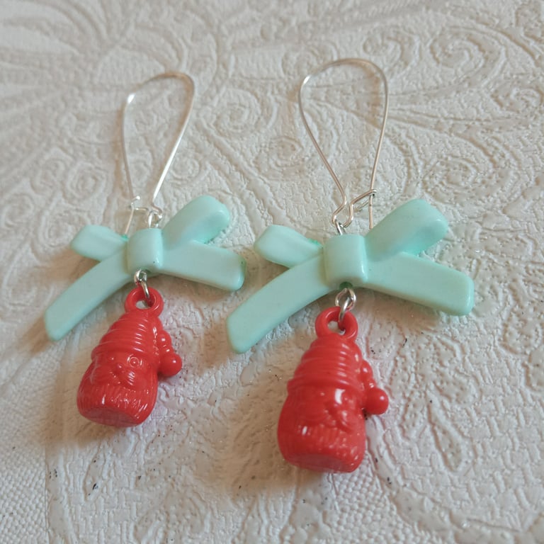Santa Bow-by - Red Santa Head Acrylic Charm Earrings with Green Bows