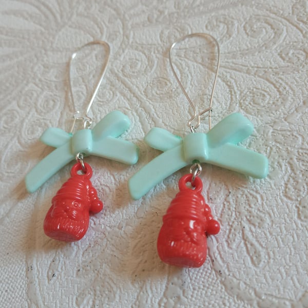 Santa Bow-by - Red Santa Head Acrylic Charm Earrings with Green Bows