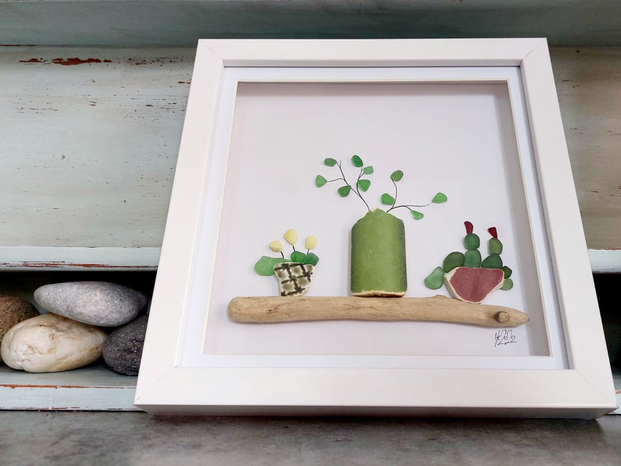 Sea Glass Plants and Flowers - white framed sea glass art picture