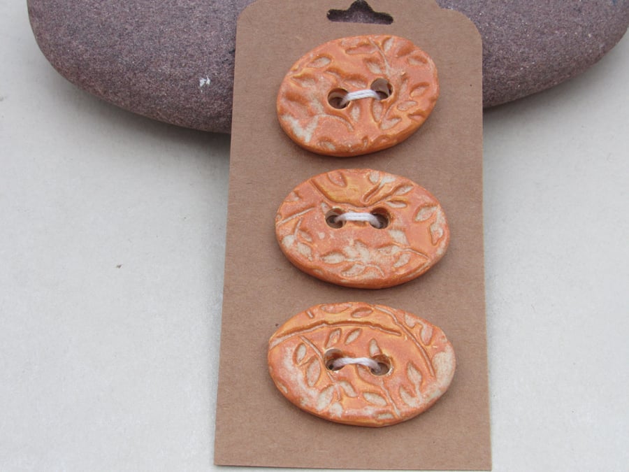 3 Medium Oval Terracotta Glazed Leaf Pattern Handmade Ceramic Buttons