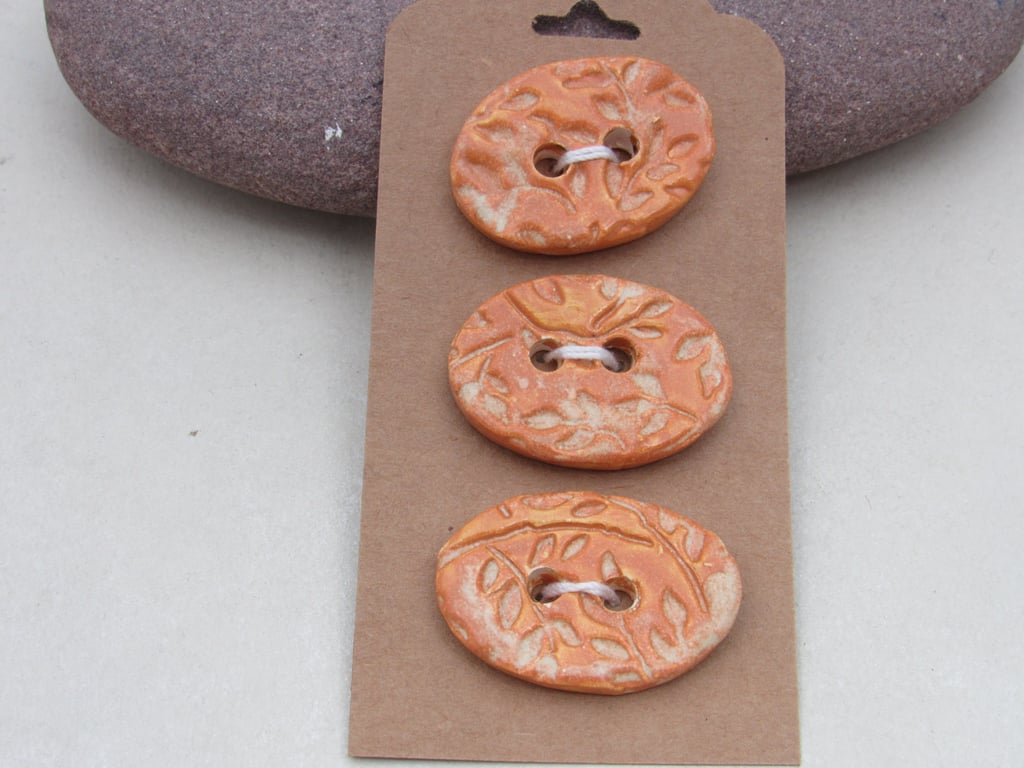 3 Medium Oval Terracotta Glazed Leaf Pattern Handmade Ceramic Buttons