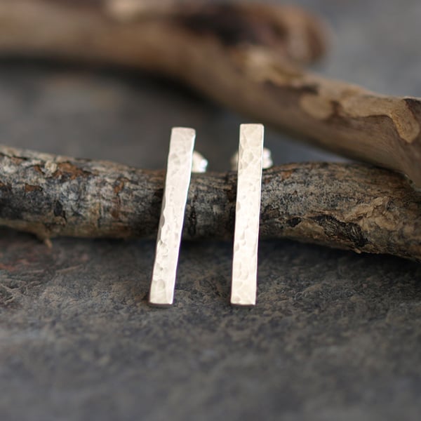 Sterling Silver Bar Studs, handmade rectangular hammered textured jewellery