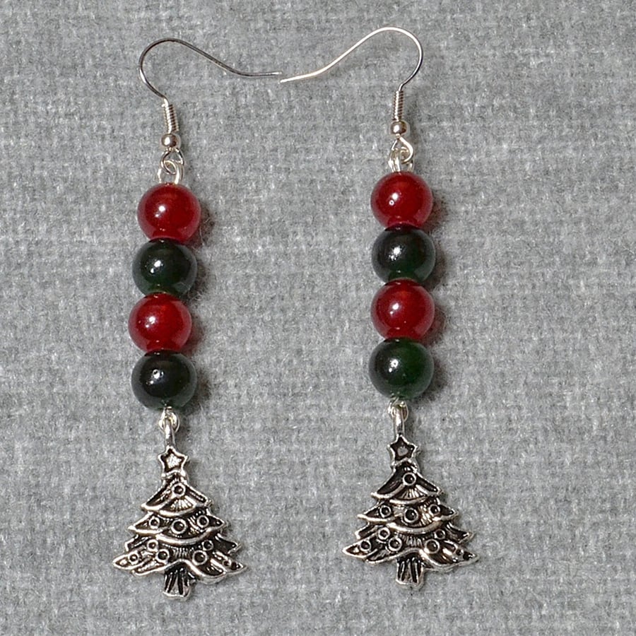 Christmas Tree Charm Earrings with Red and Green Glass Beads