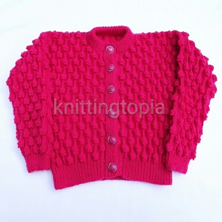Hand knitted girls cerise pink bobble cardigan 26 - 28 inch chest
