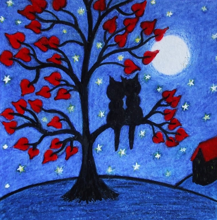 Two Cats Card, Love Tree Engagement, Anniversay, Romantic Cat Art Card Moon Star