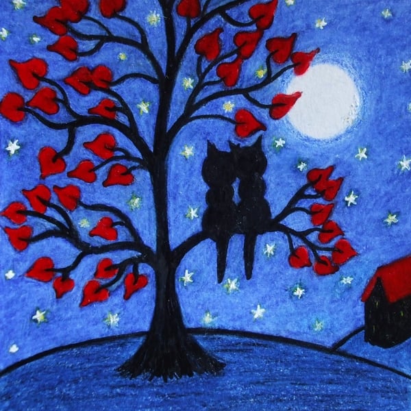 Two Cats Card, Tree Engagement, Anniversay, Love Moon Stars, Same Sex, Lesbian