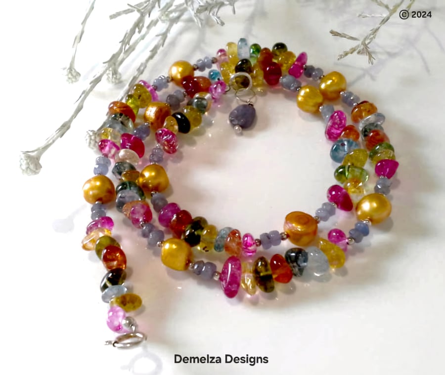 Tanzanite, Freshwater Pearl, Multicoloured Quartz Sterling Silver Necklace