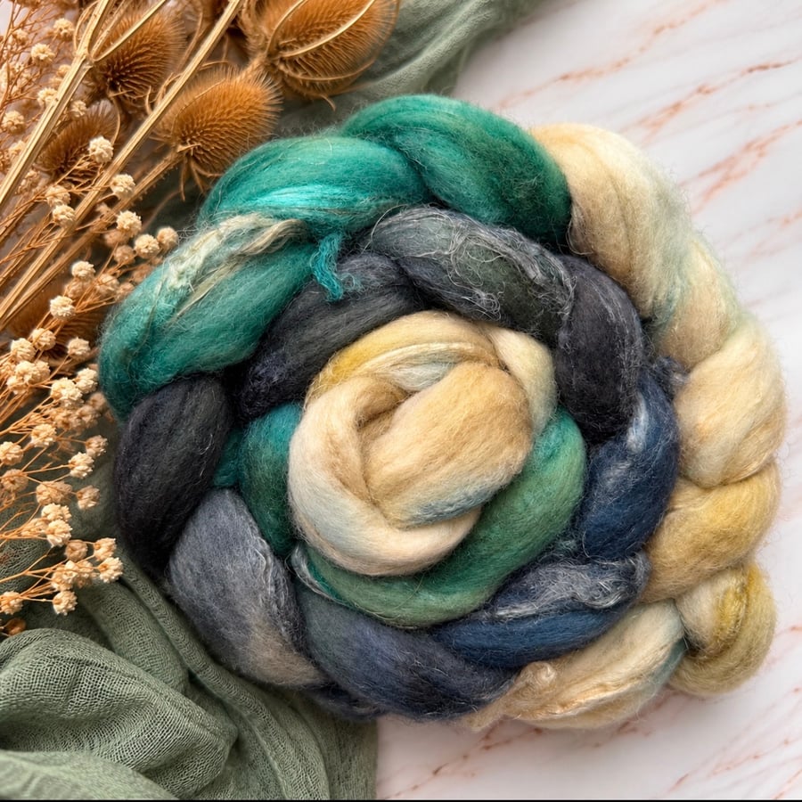 Hand Dyed Wool Top Roving, Merino Flax Silk blend for Spinning and Felting No25