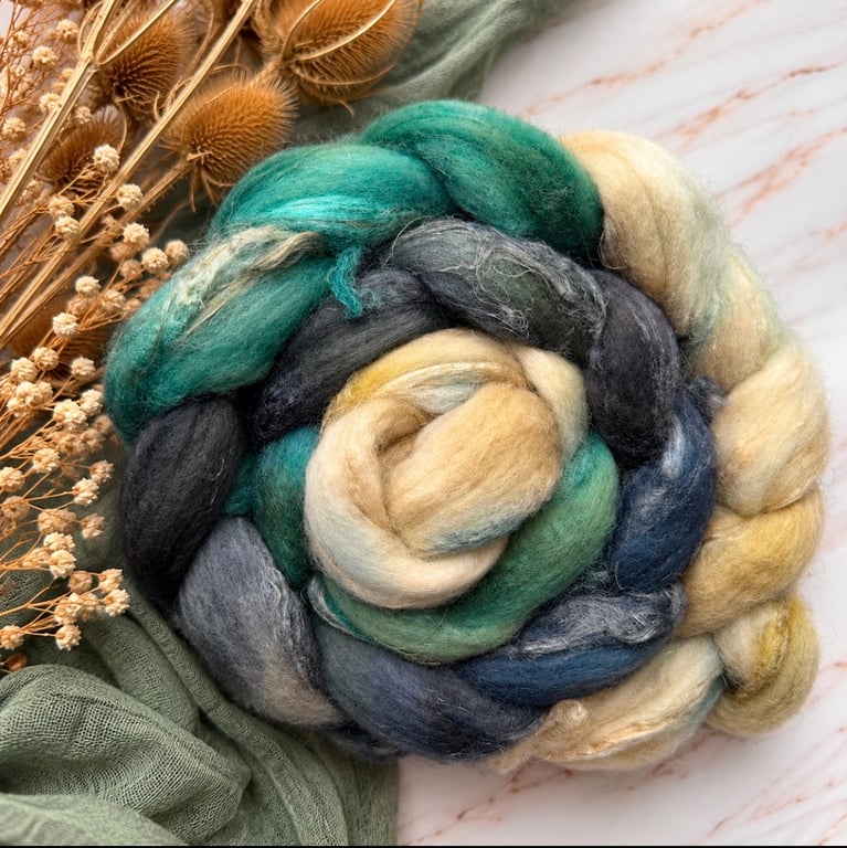 Hand Dyed Wool Top Roving, Merino Flax Silk blend for Spinning and Felting No25