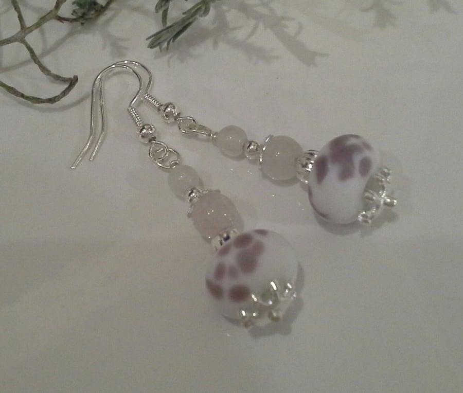 Hand Made Frit Lampwork Bead & Rose Quartz Earrings Silver Plate