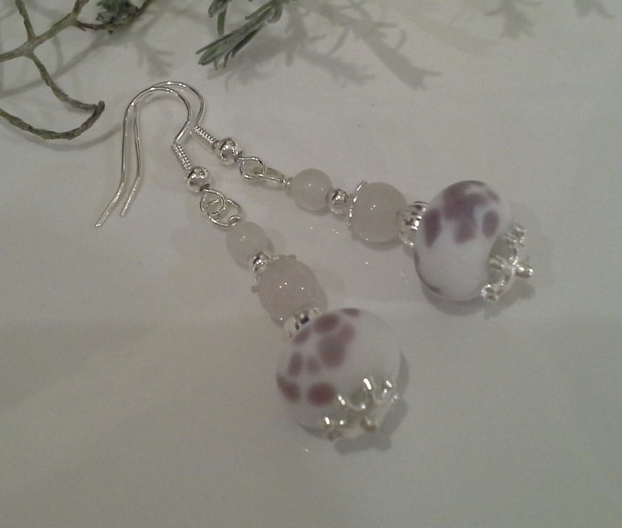 Hand Made Frit Lampwork Bead & Rose Quartz Earrings Silver Plate