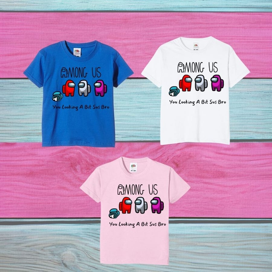 Among Us "Sus Bro" Novelty Kids T-Shirt, Any Text, Various Colours