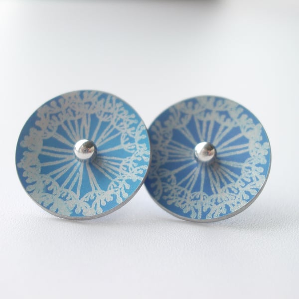 Blue and silver dandelion clock studs
