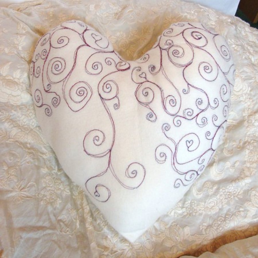 Cream Embroidered Heart Cushion