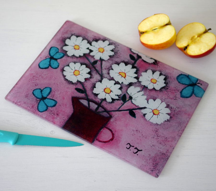 Pink Chopping Board with White Flowers and Turquoise Butterflies Art Print