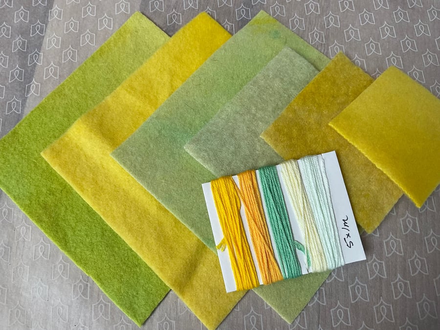 Hand Dyed Wool Fabric In Yellows & Greens, With Coordinated Embroidery Threads.