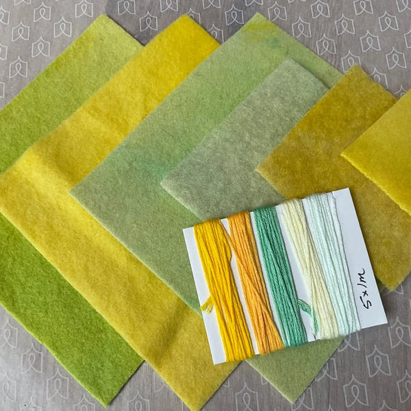 Hand Dyed Wool Fabric In Yellows & Greens, With Coordinated Embroidery Threads.