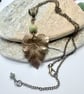 Sage green Czech glass and brass leaf pendant and earrings set, boho jewellery - Image 8