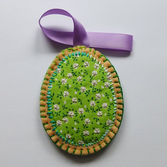 Decoration - Hanging oval - silver flower embroidery.