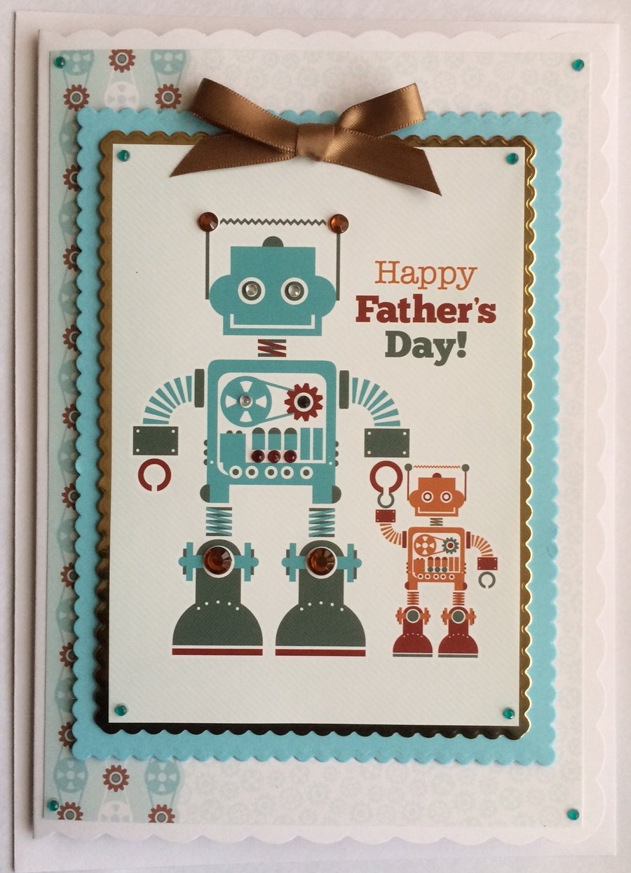 Happy Father's Day Card Robot with Child 3D Luxury Handmade Card