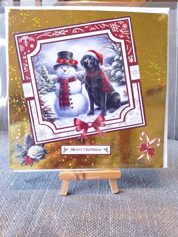 Labrador and Snowman Christmas card handmade