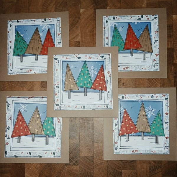 Quirky art whimsical handmade unique red and green paper christmas trees cards 