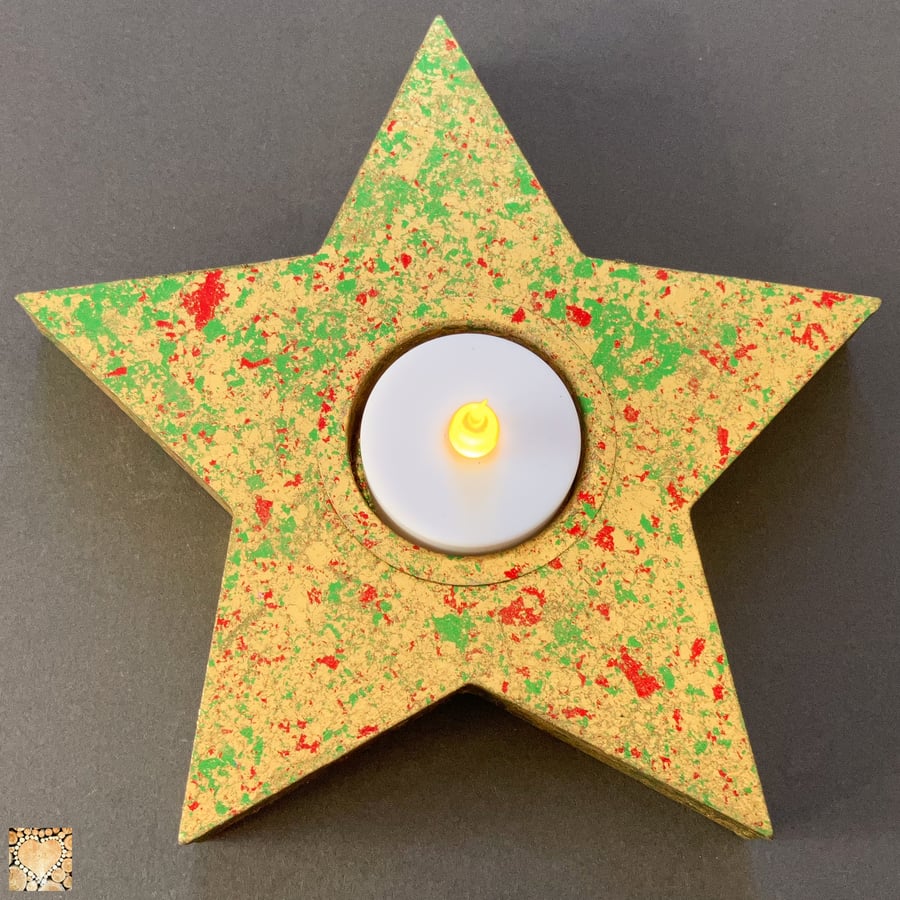 Wooden Star Tealight Holder, Gold, Green and Red Gilded