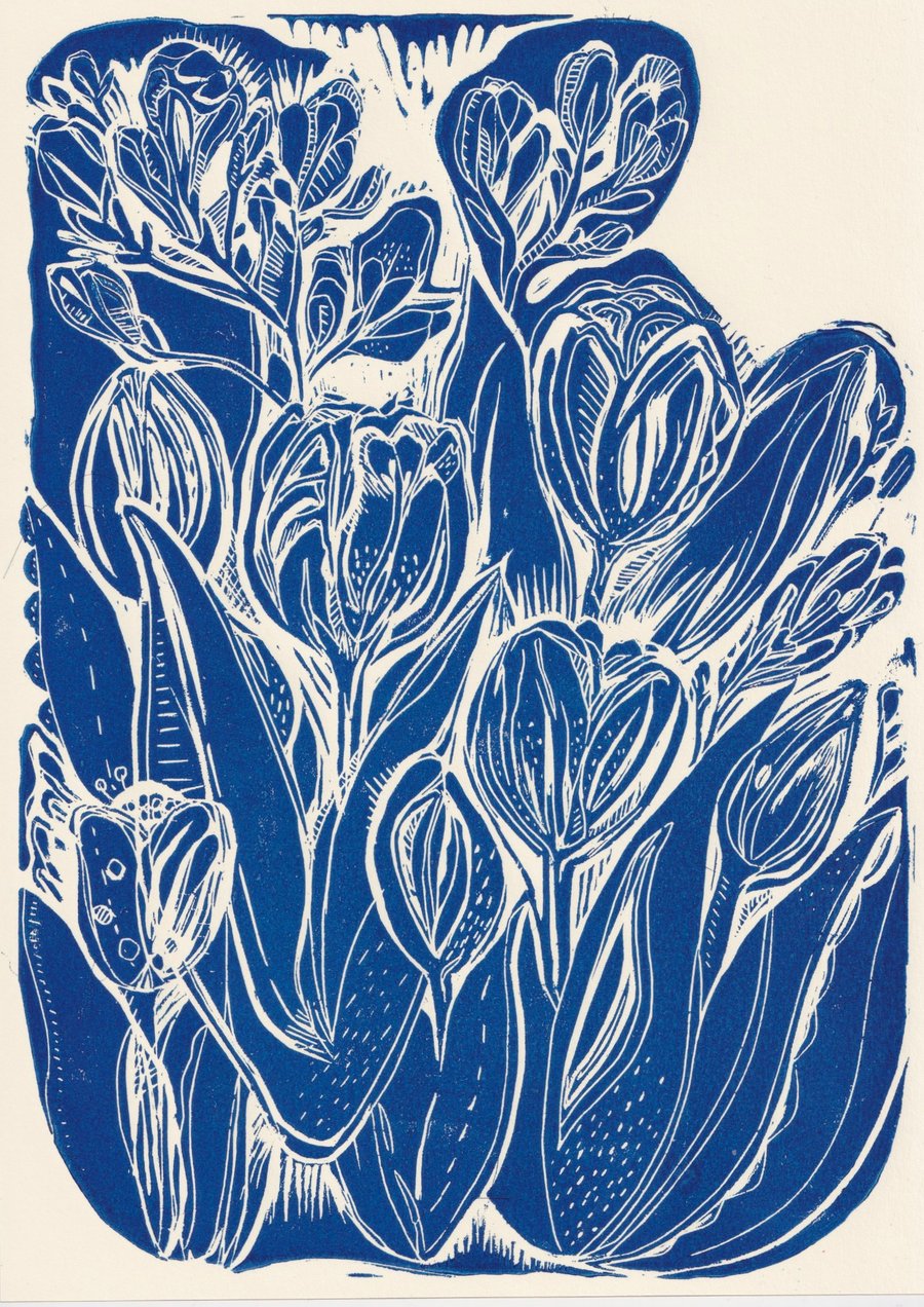 A4 Linocut Print -Tulips & Freesias.