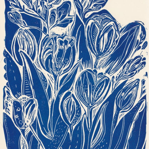 A4 Linocut Print -Tulips & Freesias.