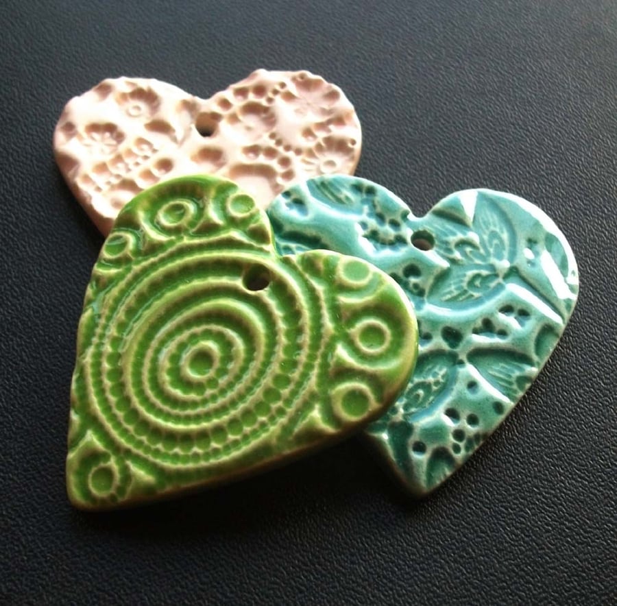 Set of three ceramic heart pendants
