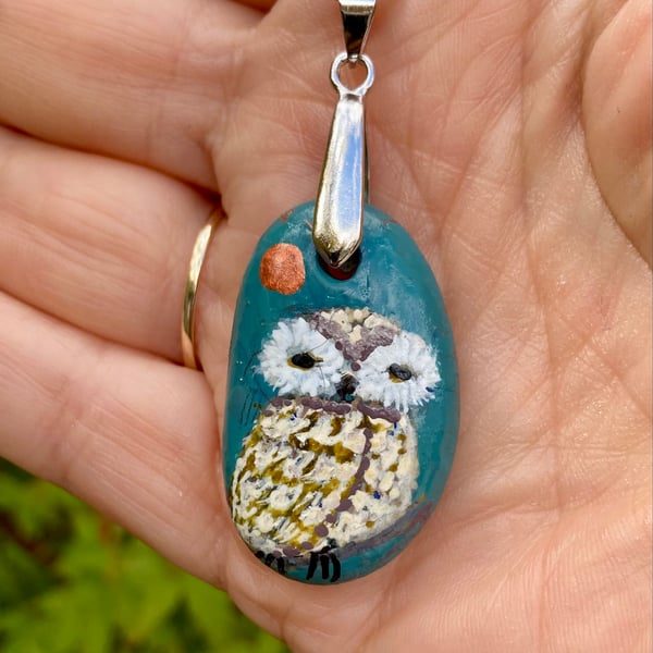 Cute Baby Owl And Copper Moon Hand Painted Stone Pendant With Chain