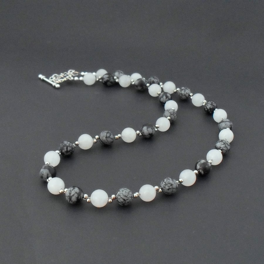 Snowflake obsidian & white jade necklace