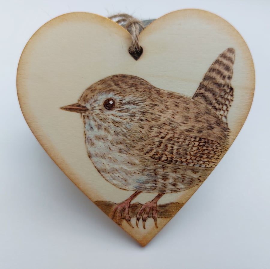 Wren pyrography hanging heart ornament 