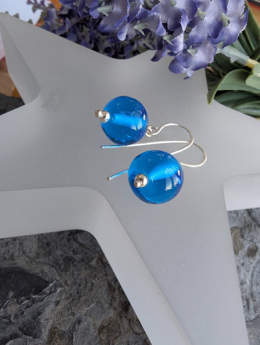 Handmade Aqua Globe Lampwork Earrings