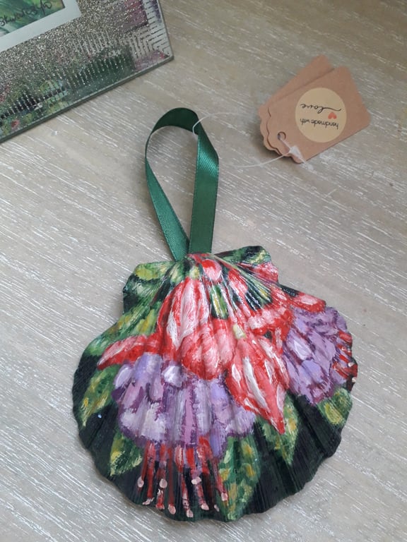 Handpainted 'large fuchsias' king scallop shell wall art